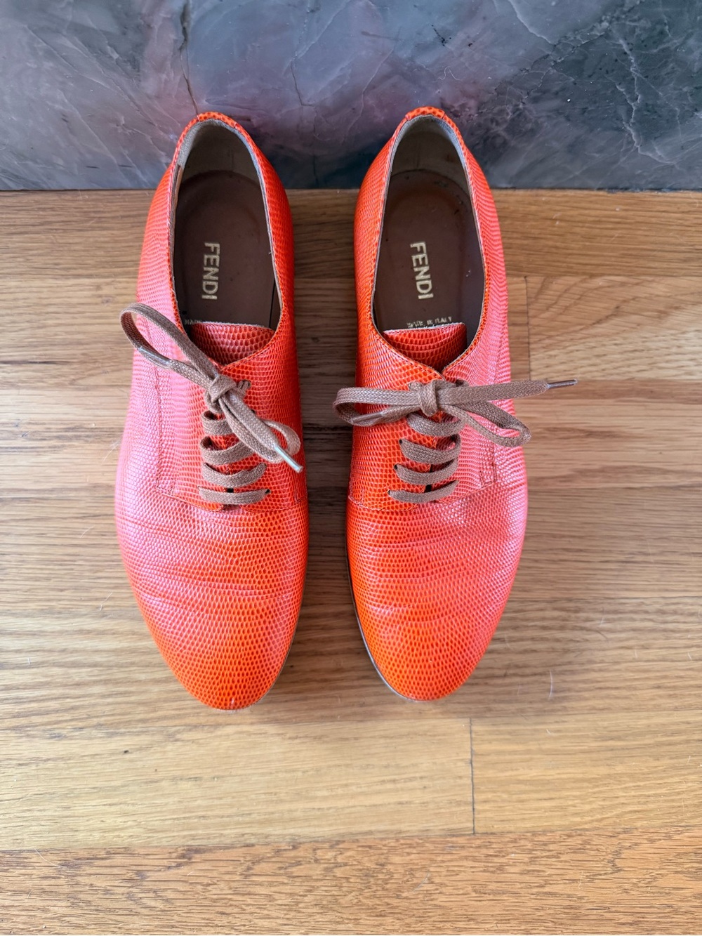 Fendi Orange Textured Leather Lace-Up Oxfords with Brown Laces